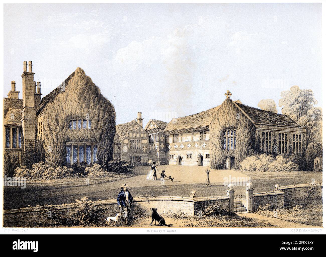 Eine Lithotinte aus Smithells Hall (Smithills Hall), Lancashire UK, scannte mit hoher Auflösung aus einem Buch, das 1858 gedruckt wurde. Für urheberrechtlich frei gehalten. Stockfoto