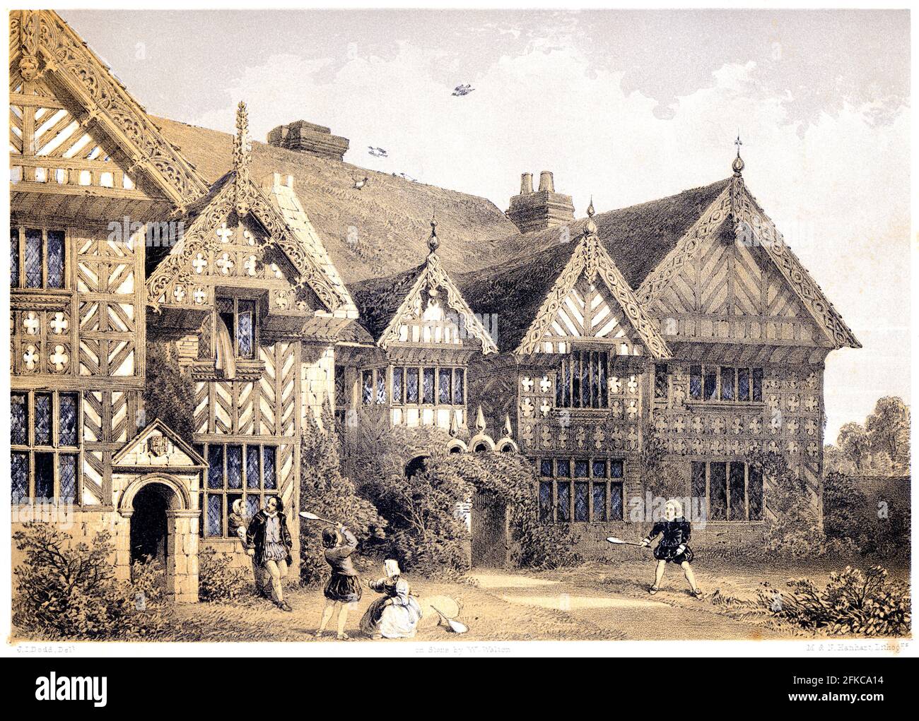Eine Lithotinte von Speke Hall, The Garden Front, Lancashire UK, scannte mit hoher Auflösung aus einem Buch, das 1858 gedruckt wurde. Für urheberrechtlich frei gehalten. Stockfoto