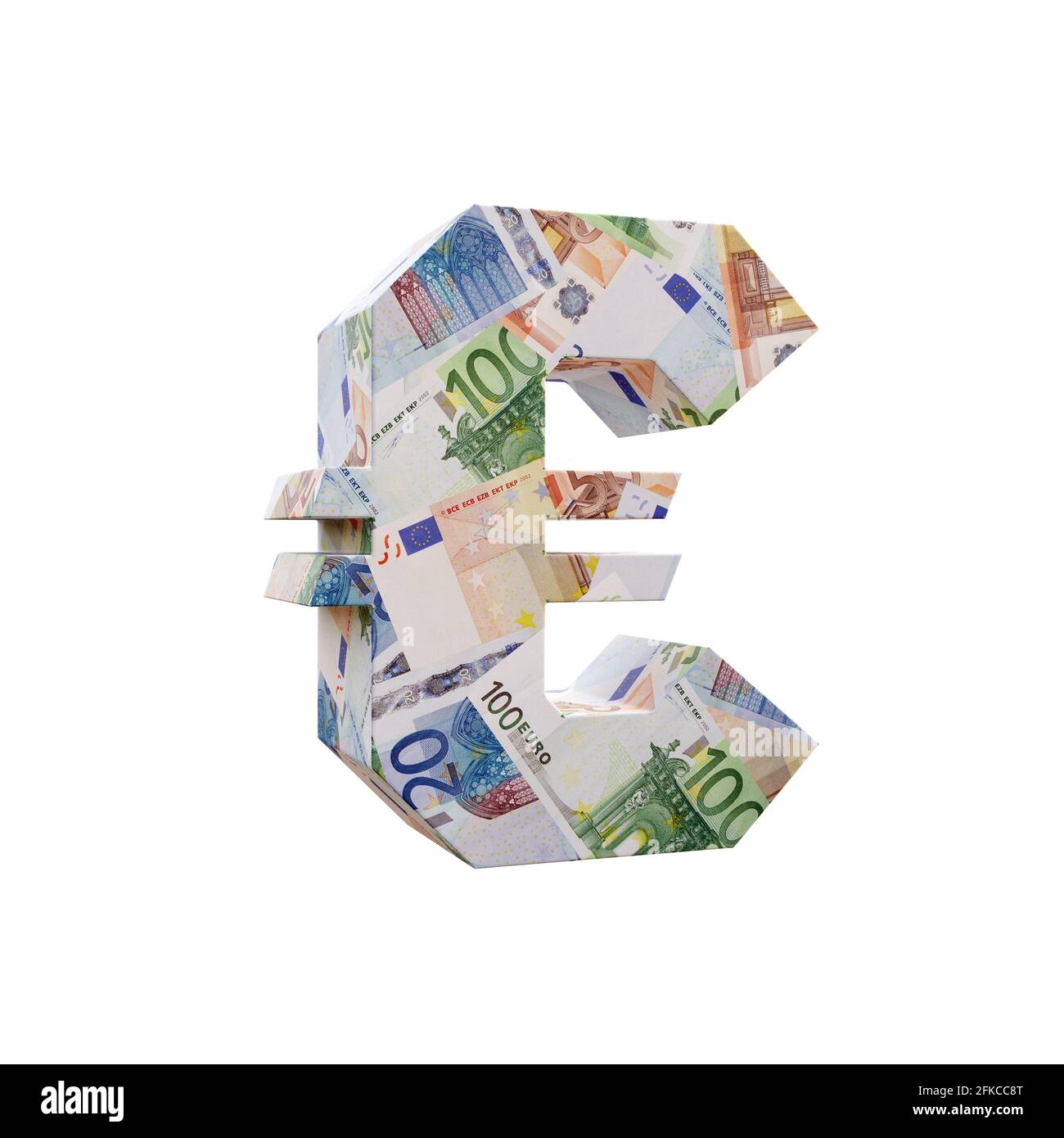 3D-Darstellung des Euro-Zeichens, das mit Euro-Banknoten umwickelt ist Weißer Hintergrund Stockfoto
