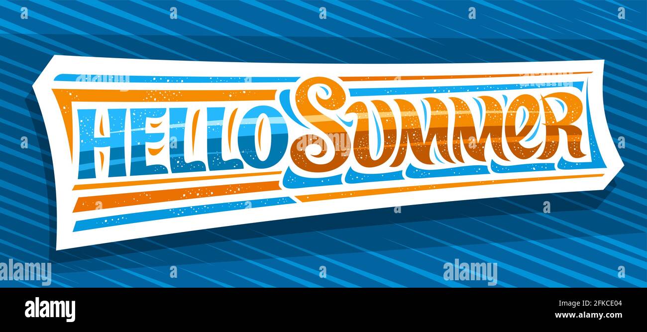 Vector Banner Hello Summer, Grußkarte mit geschwungener kalligraphischer Schrift, Illustration von dekorativen Kunst-Design-Wellen, sommerliches Konzept mit wirbelndem h Stock Vektor