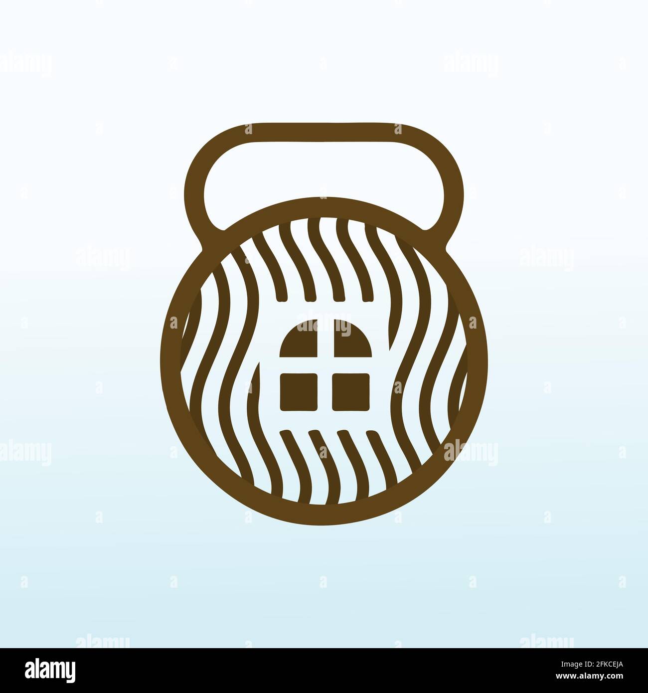 Holzgebäude mit Fitness-Kurzhantel-Icon-Vektor-Logo-Design. Stock Vektor