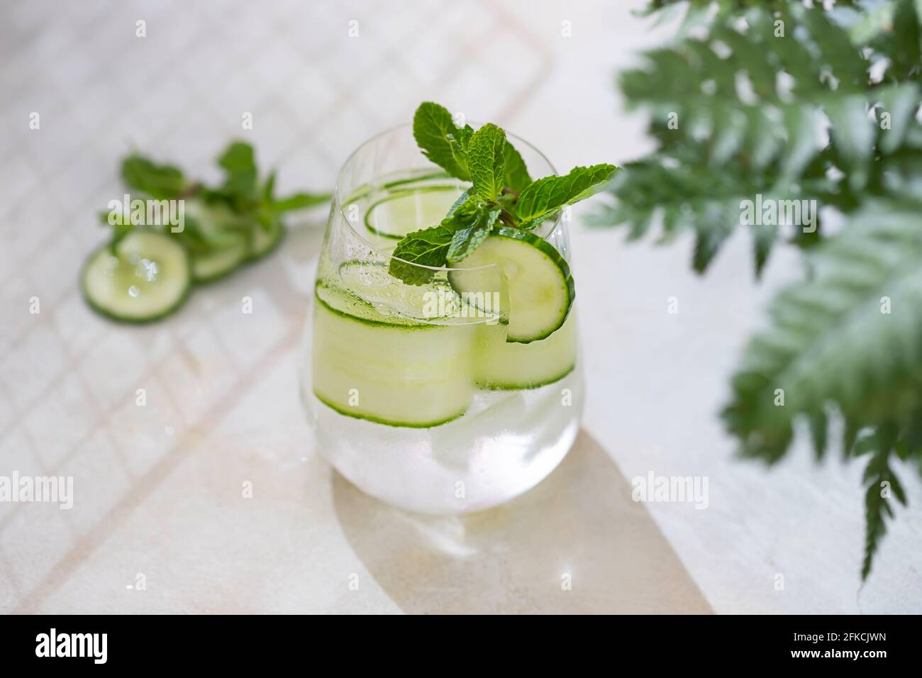 Entgiftung Cocktail Gurke und Minze auf hellem Hintergrund. Gesunde Ernährung Diät-Konzept. Hausgemachte Limonade. Kaltes und erfrischendes Entgiftungswasser. Speicherplatz kopieren Stockfoto