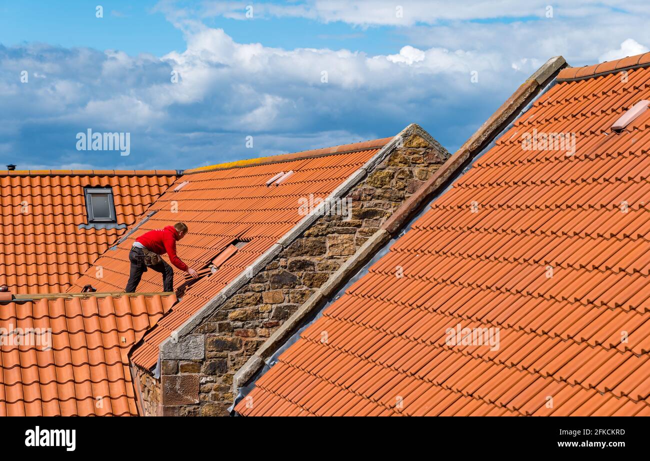 Arbeiter Dachdecker mit roten Fliesen auf dem Dach der alten Bauernhausrenovierung, East Lothian, Schottland, Großbritannien Stockfoto