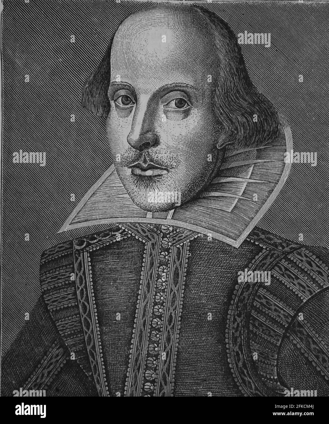 William Shakespeare (1564-1616). Englischer Schriftsteller. Faksimile eines Kupferstichs von Martin Drocsbont, 1623. Universal History, 1884 Stockfoto