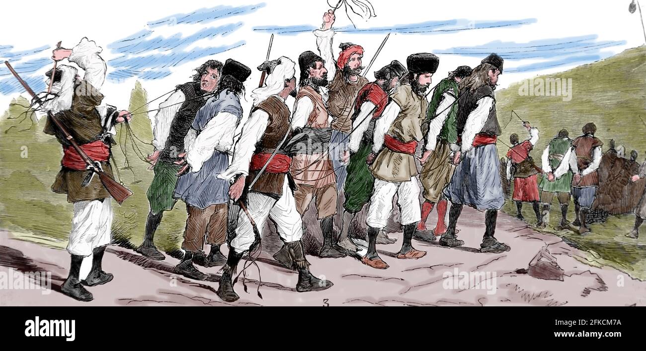 Russisch-Türkischer Krieg (1877-78). Bulgariens Gefangene, die von tscherkessen geführt wurden, um an den Festungsarbeiten zu arbeiten. Die spanische und amerikanische Illustration, 1877. Stockfoto
