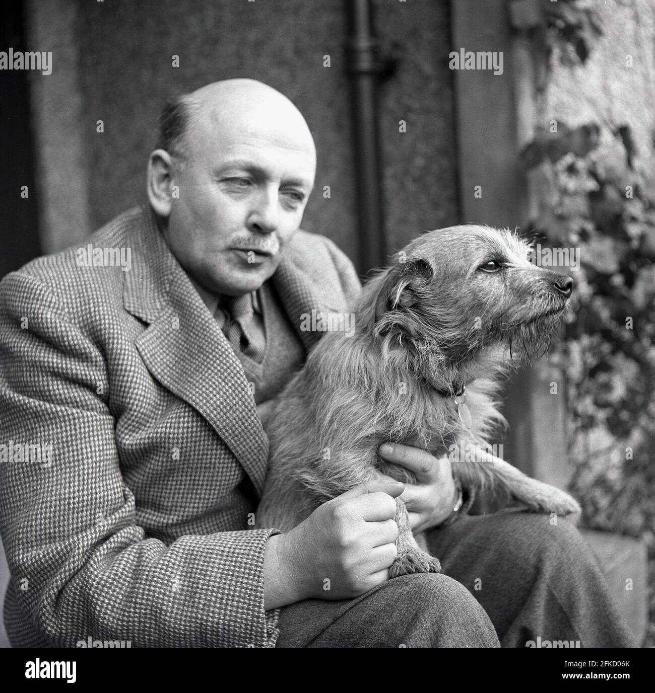1950er Jahre, ein Porträt von J Allan Cash über Brian Vesey-Fitzgerald mit Hund, einem Naturforscher und Autor von Büchern über Natur, Landleben, Vögel und Hunde. Auch Redakteur des Fachmagazins. Er war ein Nachkomme der Vesty-Fitzgeralds, einer berühmten angoirischen Familie, deren Mitglieder Abgeordnete sowohl in der britischen als auch in der irischen Regierung wurden. Geboren 1905 in Wrexham, Denbighshire, Wales, als Brian Percy Seymour Vesey-Fitzgerald, wird er hier in traditonaler Landkleidung einer Tweed-Jacke und Krawatte gesehen. Er war auch eine Autorität in der Geschichte der Zigeuner auf den Britischen Inseln mit mehreren Büchern zu diesem Thema. Stockfoto 1950er Jahre, ein Porträt von J Allan Cash über Brian Vesey-Fitzgerald mit Hund, einem Naturforscher und Autor von Büchern über Natur, Landleben, Vögel und Hunde. Auch Redakteur des Fachmagazins. Er war ein Nachkomme der Vesty-Fitzgeralds, einer berühmten angoirischen Familie, deren Mitglieder Abgeordnete sowohl in der britischen als auch in der irischen Regierung wurden. Geboren 1905 in Wrexham, Denbighshire, Wales, als Brian Percy Seymour Vesey-Fitzgerald, wird er hier in traditonaler Landkleidung einer Tweed-Jacke und Krawatte gesehen. Er war auch eine Autorität in der Geschichte der Zigeuner auf den Britischen Inseln mit mehreren Büchern zu diesem Thema. Stockfoto