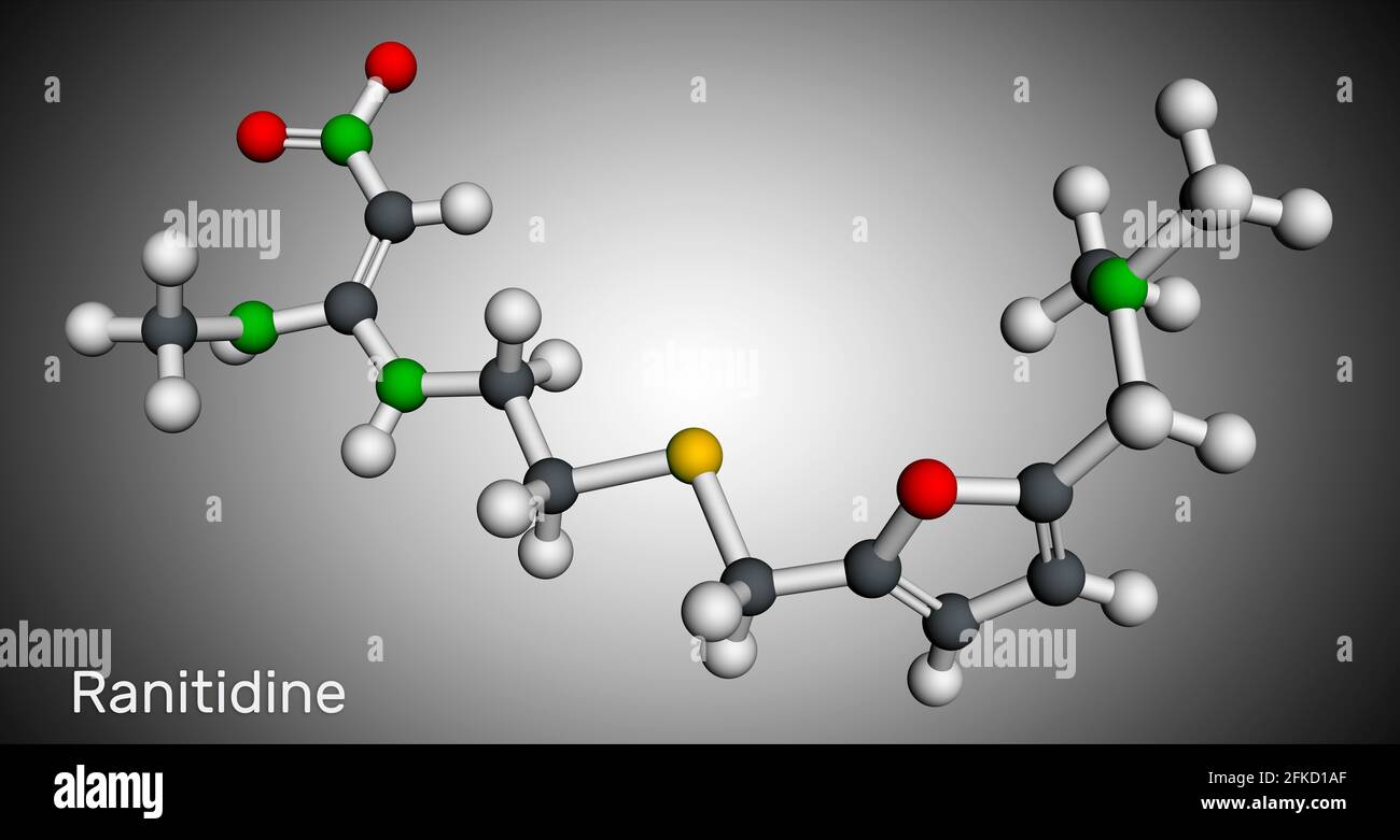 Ranitidin-Molekül. Es wird zur Behandlung von Magengeschwüren verwendet. Molekularmodell. 3D-Rendering. Abbildung Stockfoto