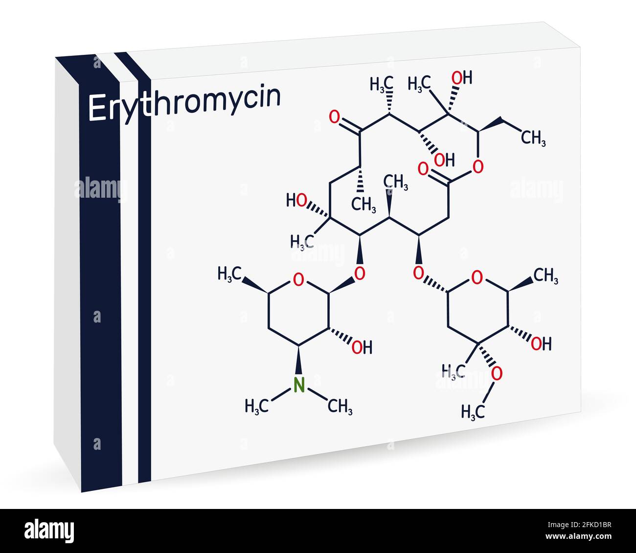 Erythromycin-Molekül. Es ist bakteriostatisches Antibiotikum, gehört zur Makrolid-Gruppe. Papierverpackungen für Medikamente. Vektorgrafik Stock Vektor