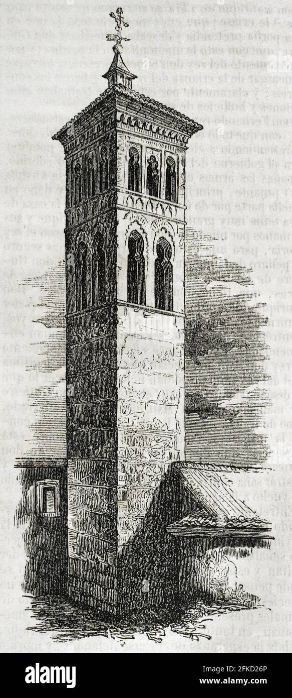 Spanien. Toledo. Turm der Kirche von San Román. Erbaut im 13. Jahrhundert im Mudejar-Stil. Gravur. Historia General de España von Pater Mariana. Madrid, 1852. Stockfoto