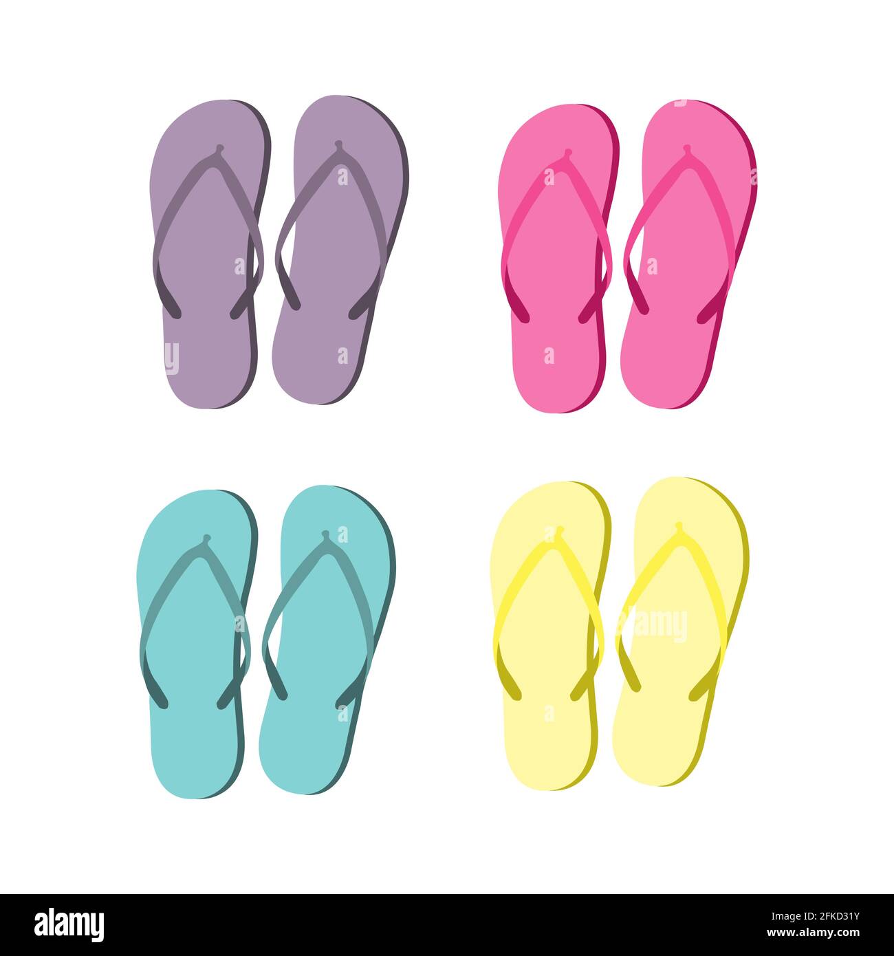 Flache Illustration mit gelben, rosa, grünen und violetten Flipflops auf weißem Hintergrund. Sommerlicher Style. Vektormuster. Draufsicht. Stock Vektor
