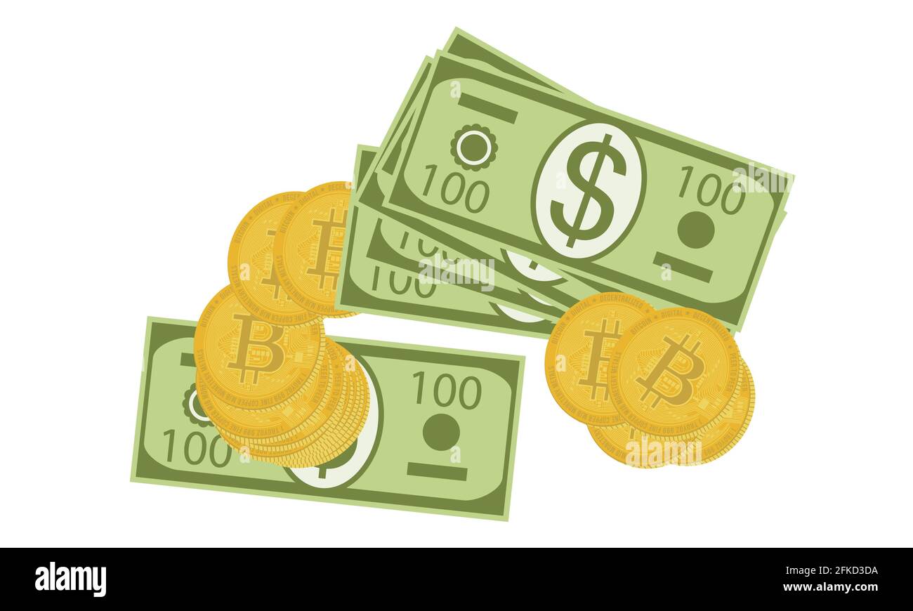 Haufen von 100 US-Dollar Scheinen und Stapel virtueller Bitcoin-Münzen isoliert auf weißem Hintergrund. US-Dollar und Bitcoin digitales Gold im Cartoon-Flat-Stil Stock Vektor