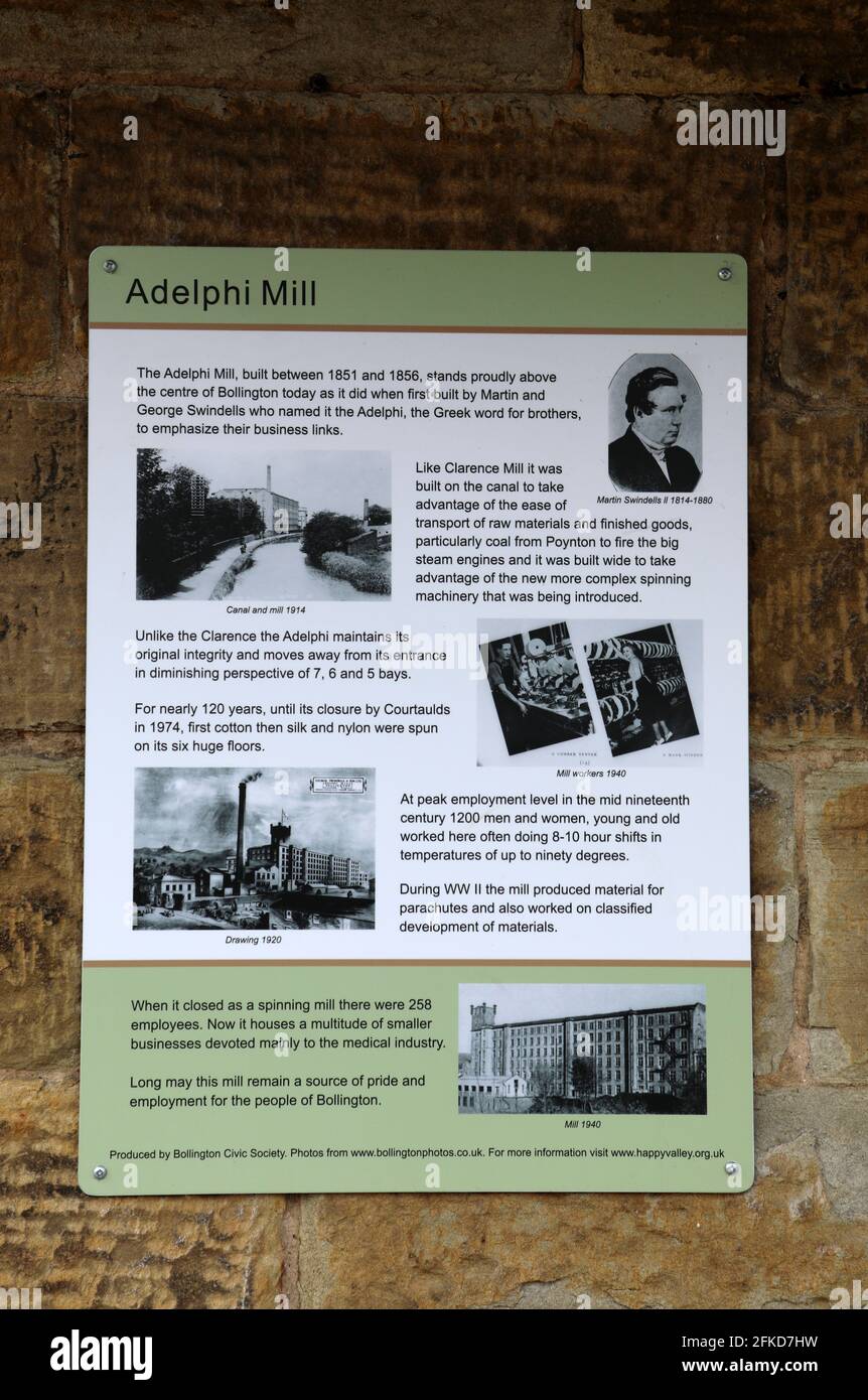 Tourist Information Board in Adelphi Mill in Bollington Stockfoto
