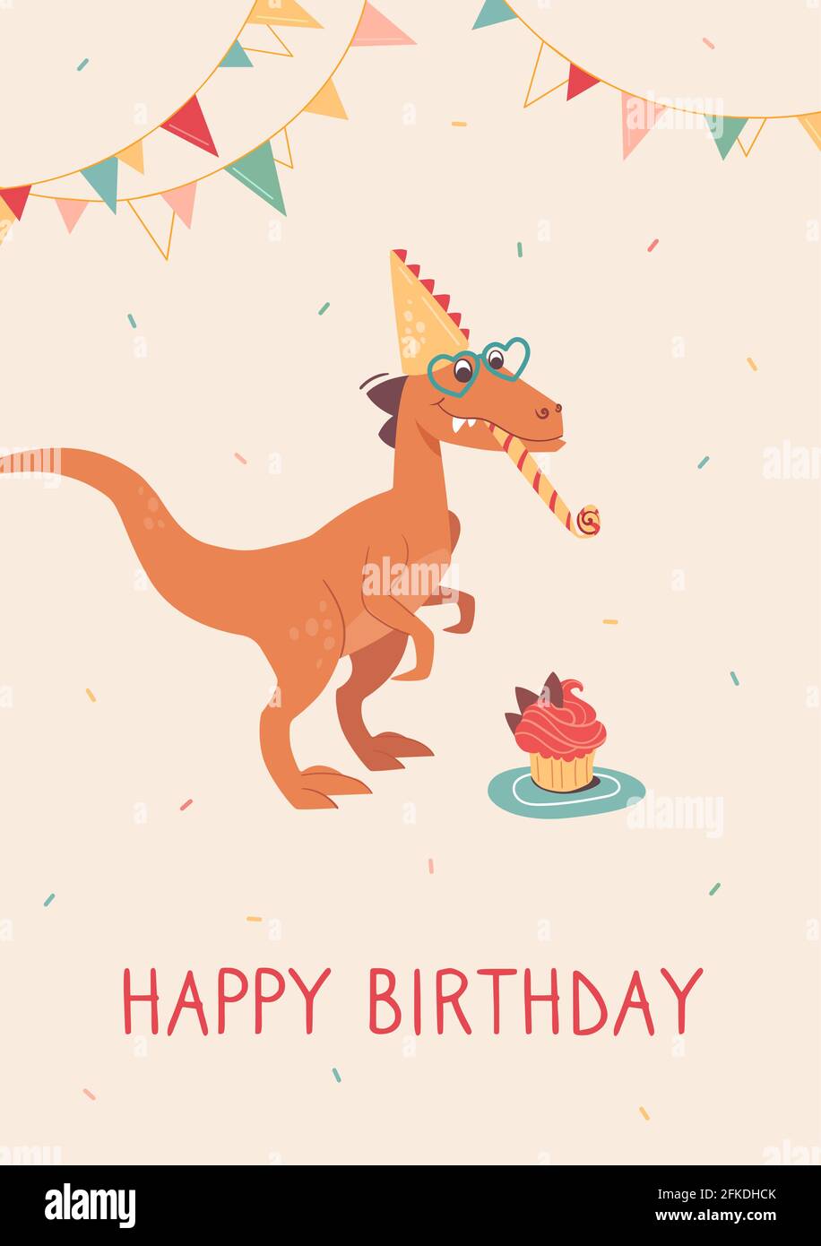 Lustige Velociraptor bläst eine festliche Melodie. Alles Gute zum