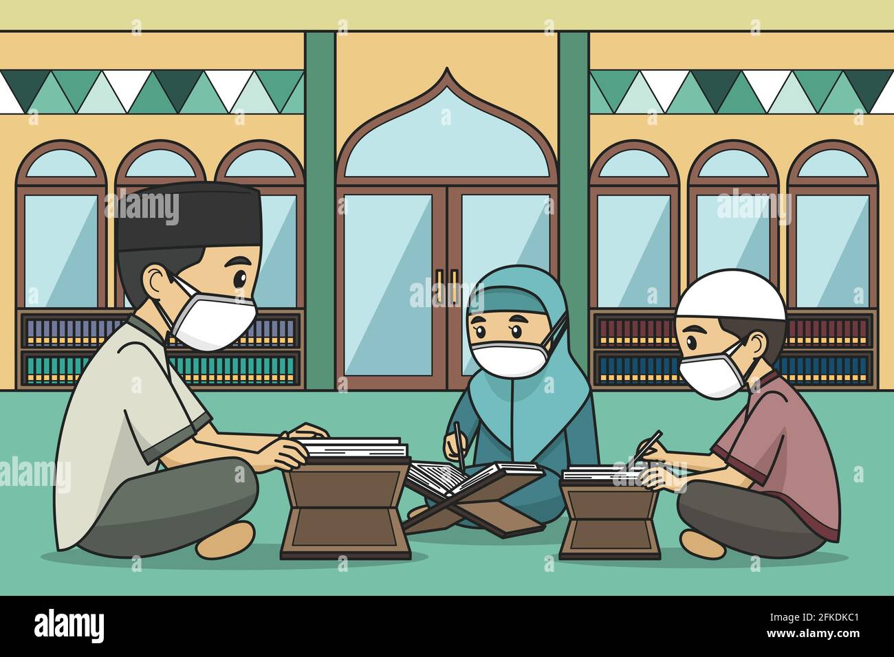 Die Ustaz und seine Schüler lesen den Koran in muslimischer Kleidung in der Moschee. Vektorgrafik. Kinderbuch. Stock Vektor