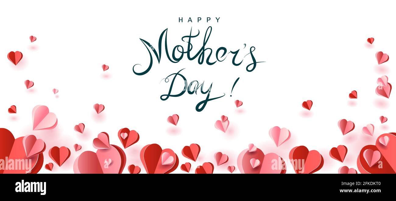Rote und rosa Herzen in Papierschnitt-Styles. Grußkarte zum „Happy Mom's Day“. Hintergrund mit Herzen zum Valentinstag, Geburtstag, Hochzeitstag. Stock Vektor