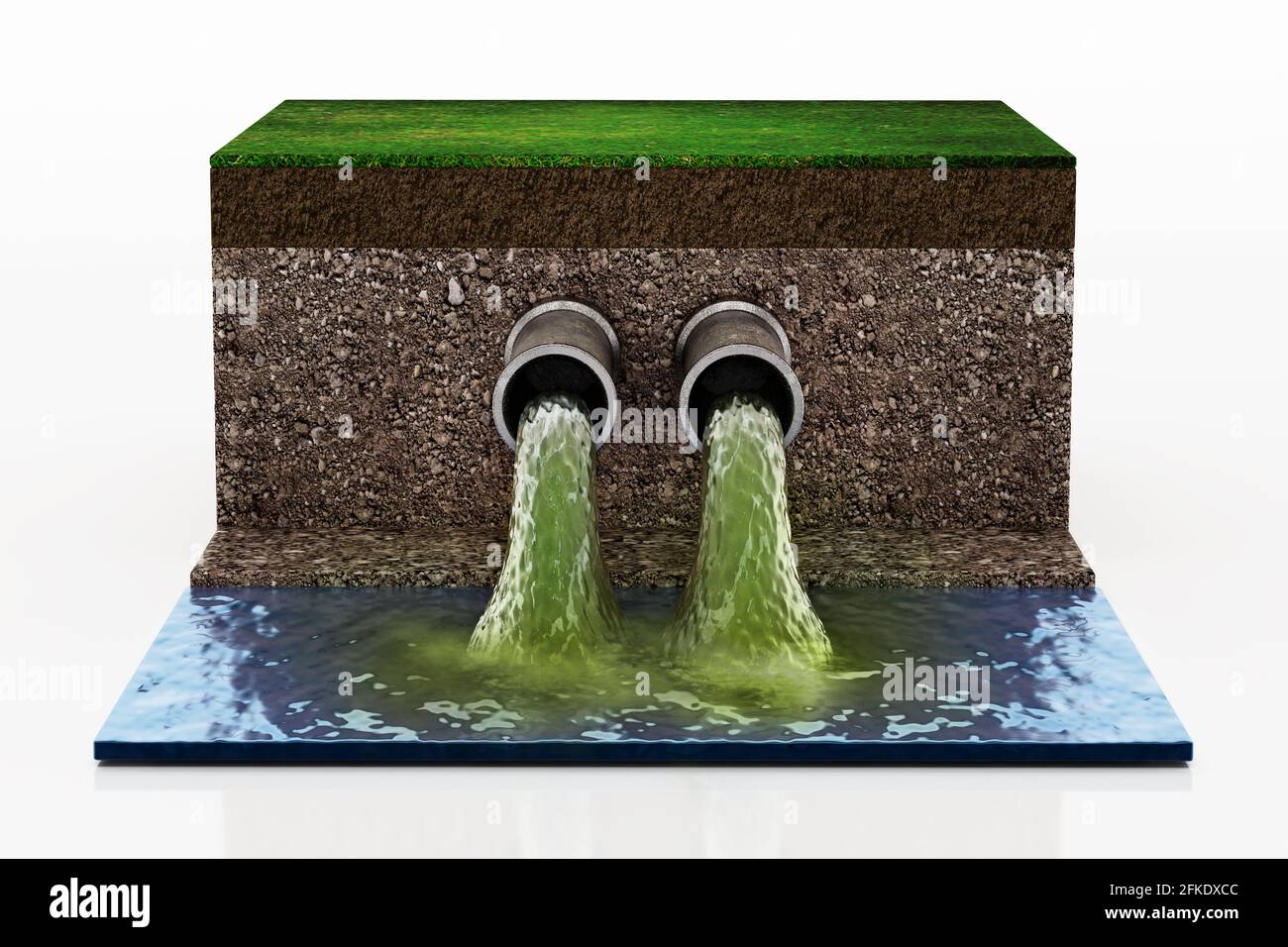 Schmutziges Wasser, das aus Kanalrohren ins Wasser fließt. 3D-Illustration. Stockfoto