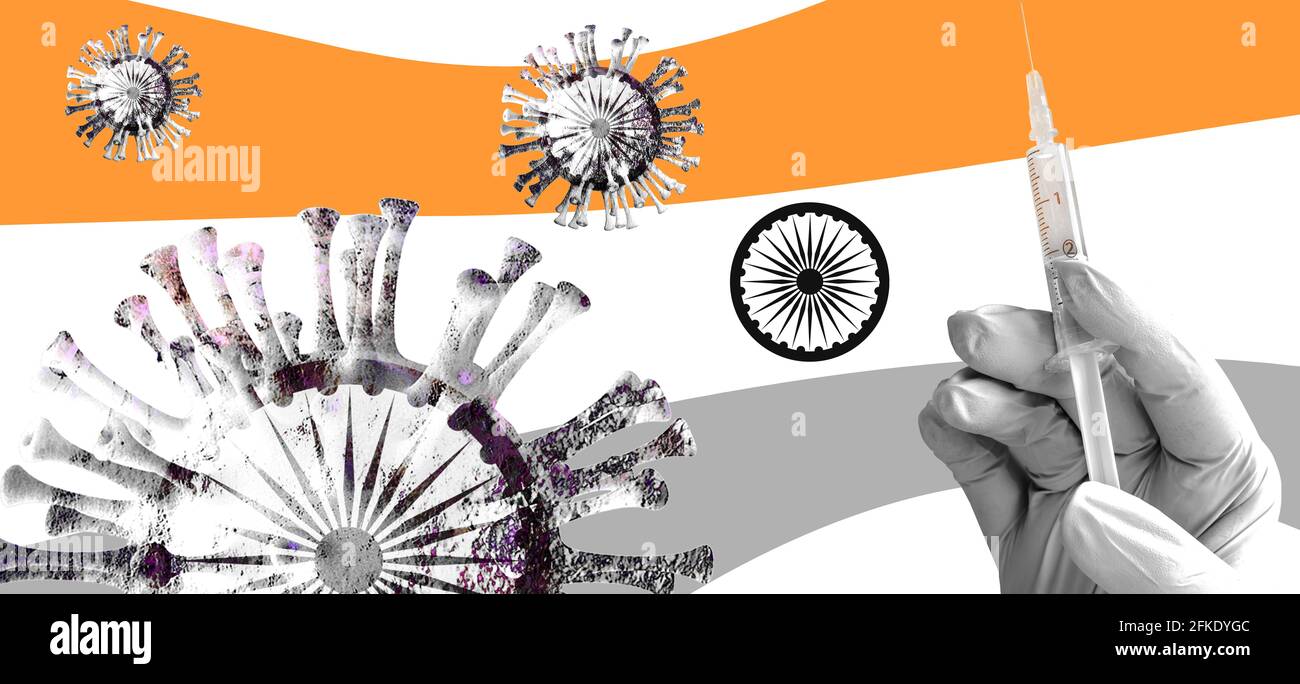 COVID-19 Coronavirus-Impfstoff und Spritze mit Flagge Indiens Stockfoto