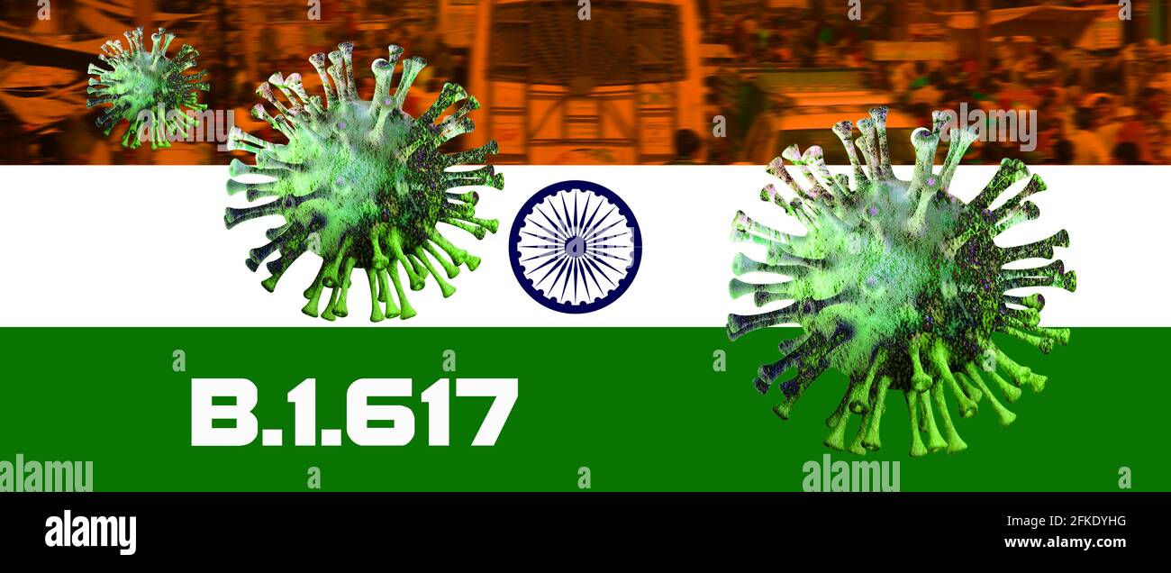 Indische Flagge mit Coronavirus-Mutation B.1.617 - Indische Flagge Mit Coronavirus-Mutation B.1.617 Stockfoto