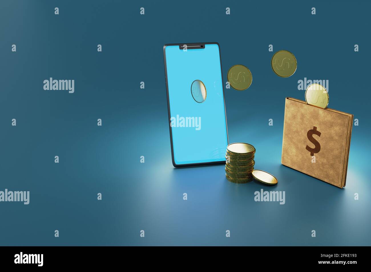3d-Illustration. Online-Geldtransfer, mobile Zahlungen . Konzept mit Smartphone und Wallet , kann für Landing Page, Template, ui, Web, mobile App verwenden Stockfoto