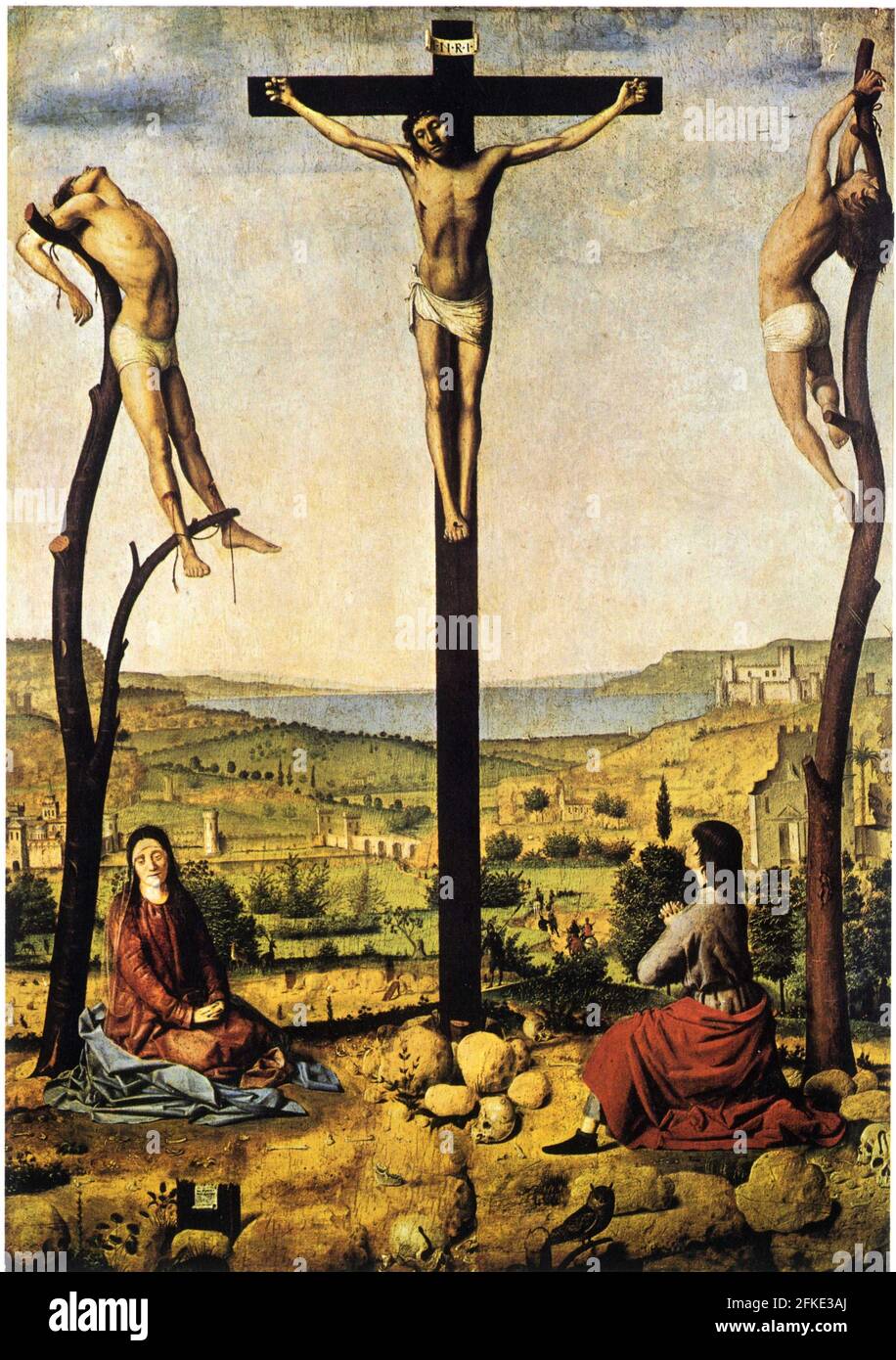 Antonello da Messina.1430-1479.Le calvaire. Kalvarie. Crucifiction avec Marie et Saint Jean l'Evangéliste. Stockfoto