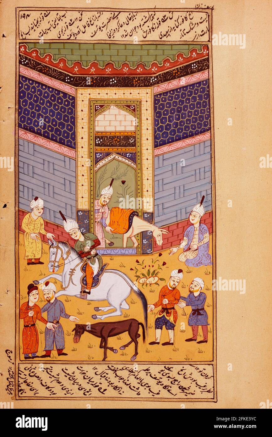 Rajasthani Miniaturmalerei aus Rajasthan, Indien. Wahrscheinlich Ende des 19. Jahrhunderts oder Anfang des 20. Jahrhunderts. Szene außerhalb eines Stalls. Ein Mann führt ein Pferd Stockfoto
