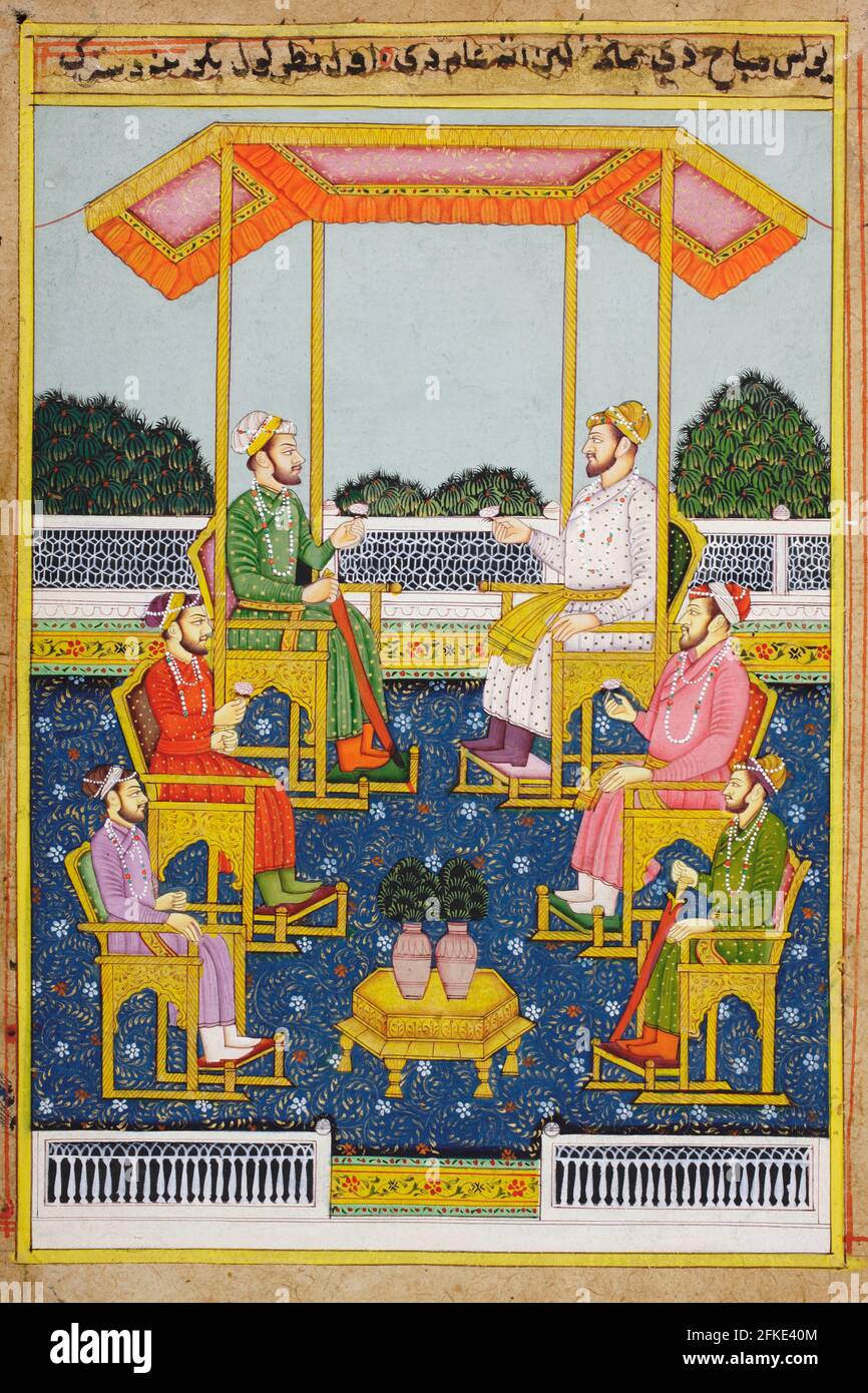 Rajasthani Miniaturmalerei aus Rajasthan, Indien. Wahrscheinlich Ende des 19. Jahrhunderts oder Anfang des 20. Jahrhunderts. Sechs Männer im Gespräch unter einer Pergola. F Stockfoto