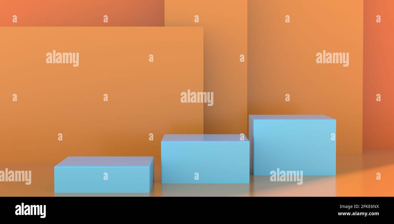 Ständer für Präsentation, Showroom Vorlage. Produktdisplay Podium leer,  blaue Würfel auf orangefarbenem Hintergrund. Bühnenpodest, Schaufenster für  Ader Stockfotografie - Alamy