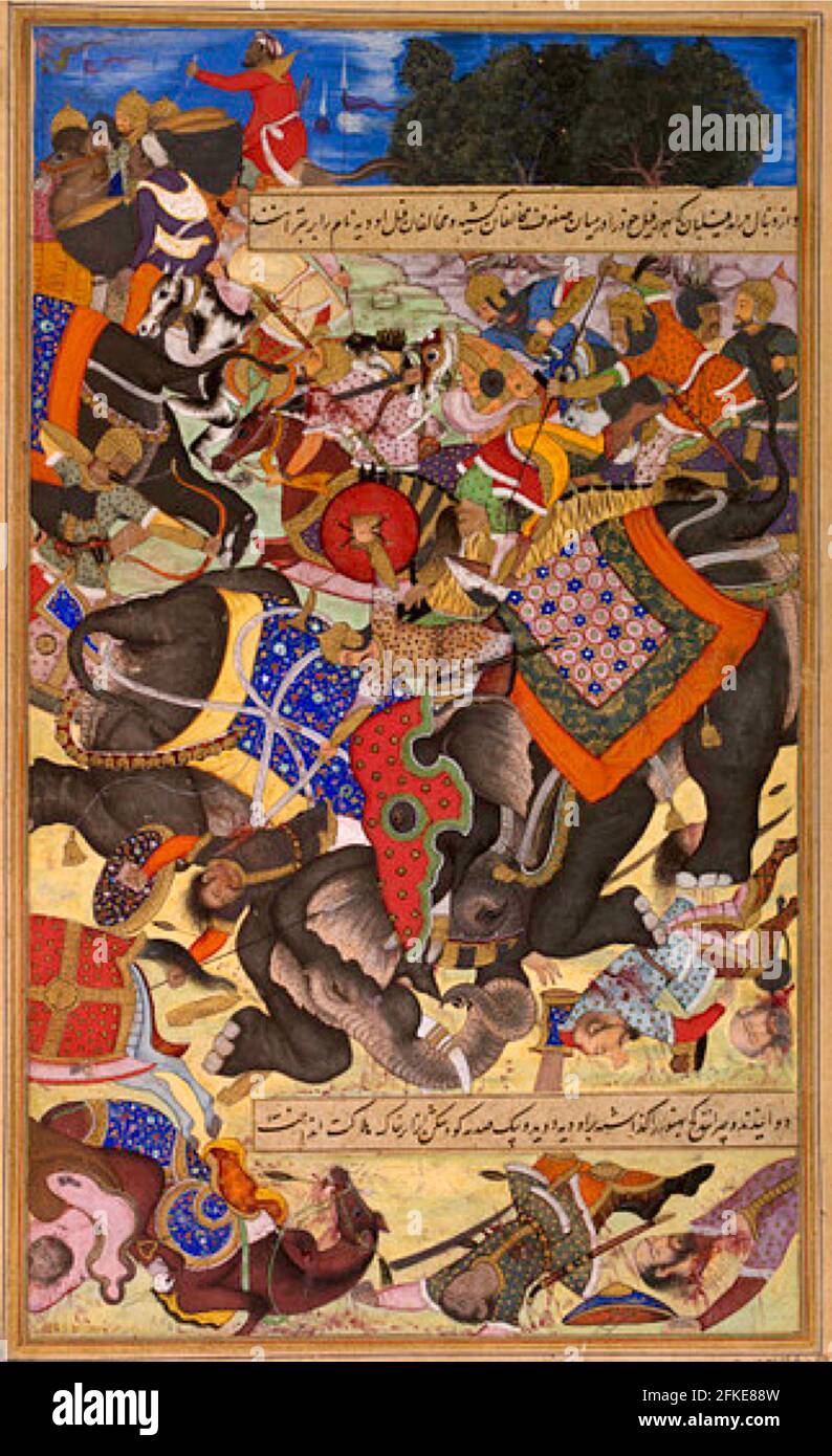 Die Kriegselefanten - Citranand und Udiya kollidieren in der Schlacht - c1595 Stockfoto