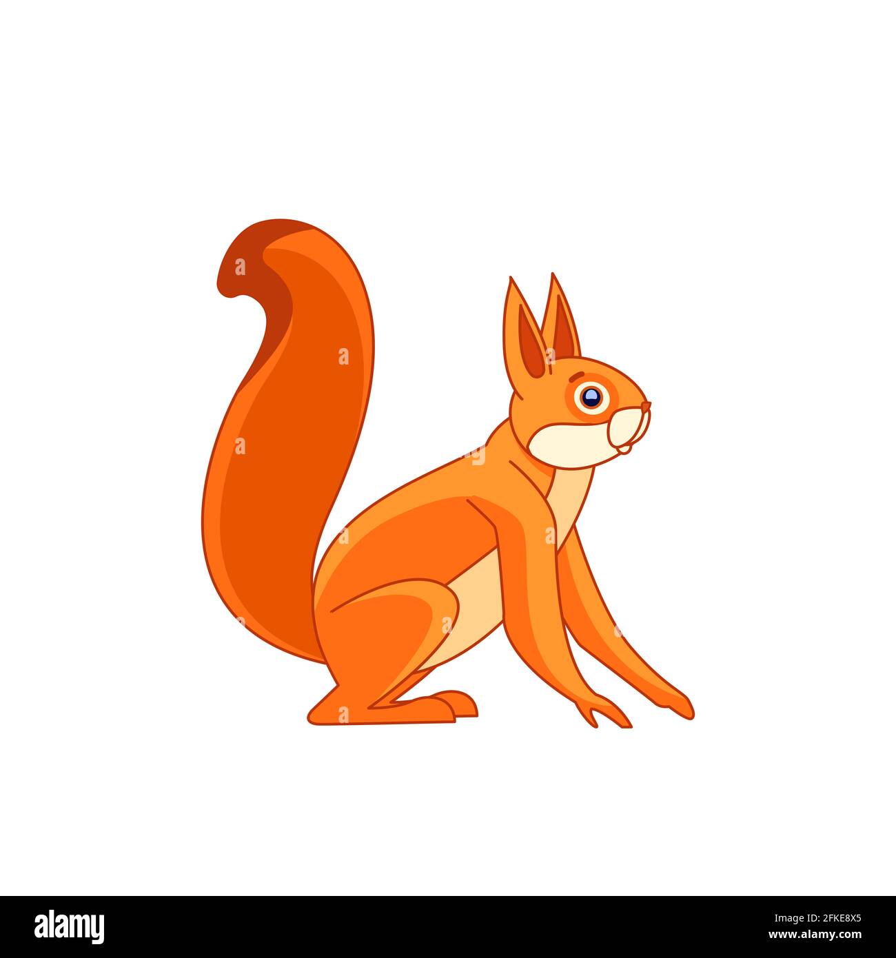 Eichhörnchen beobachtet neugierig. Cartoon-Charakter eines Nagetier Säugetier Tier. Ein wildes Waldgeschöpf mit orangefarbenem Fell. Seitenansicht. Vektorgrafik flach Stock Vektor
