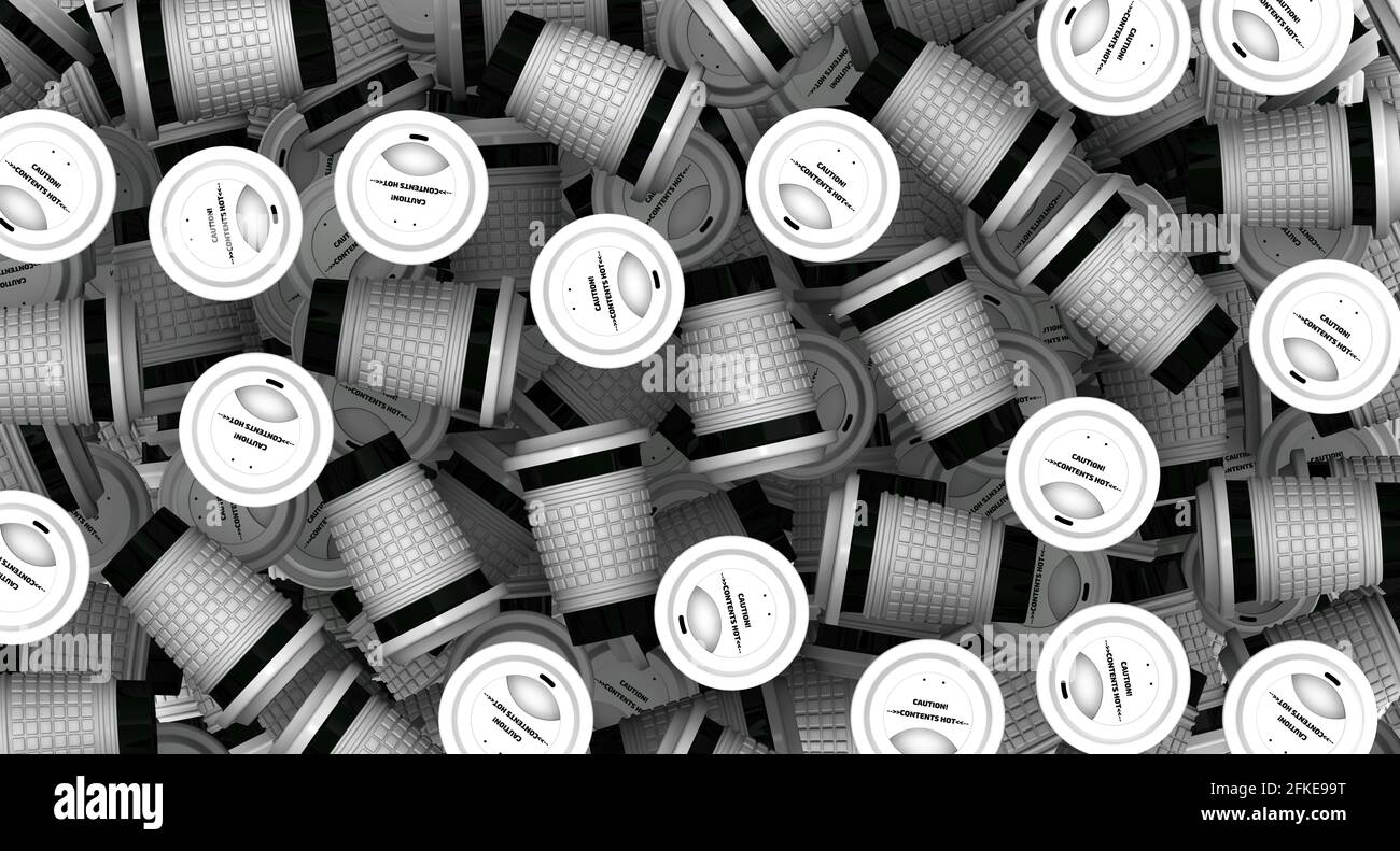 Viele Tassen für heiße Getränke. Ein Stapel schwarz-weißer Einwegbecher für heiße Getränke. 3D-Illustration Stockfoto