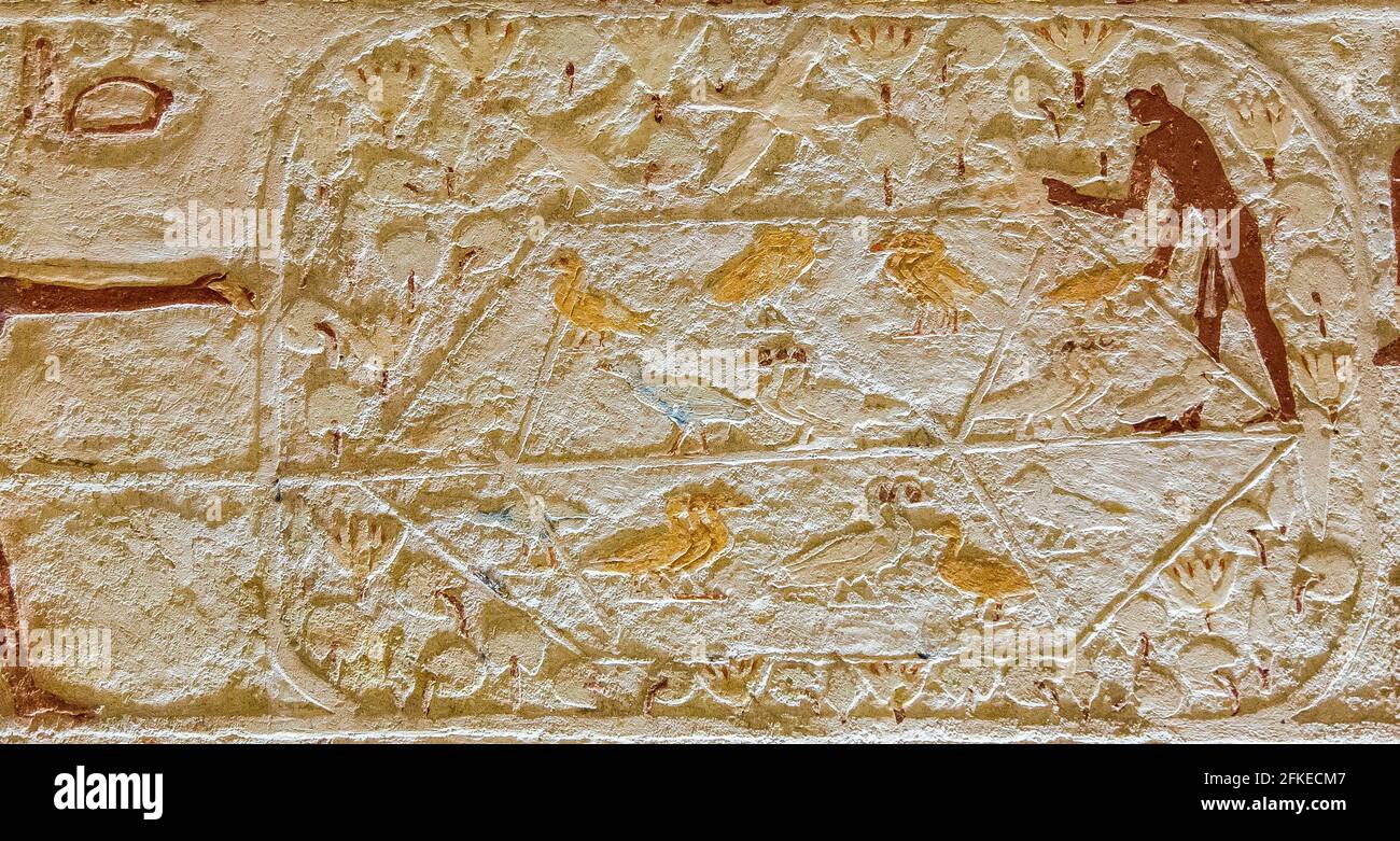 Ägypten, Guizeh, Grab der Königin Meresankh III., Enkelin von Kheops und Ehefrau von Khephren. Hauptraum, Ostwand, Vogelfalle mit einem Klappnetz. Stockfoto