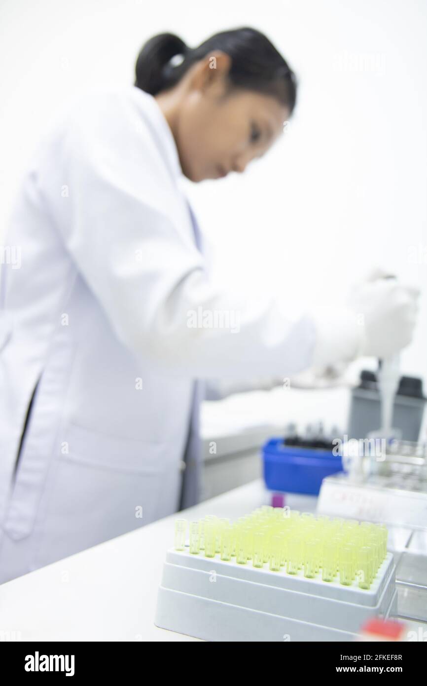 Eine Frau, die mit einer Pipette für Testblut in einem arbeitet Labor im Krankenhaus Stockfoto