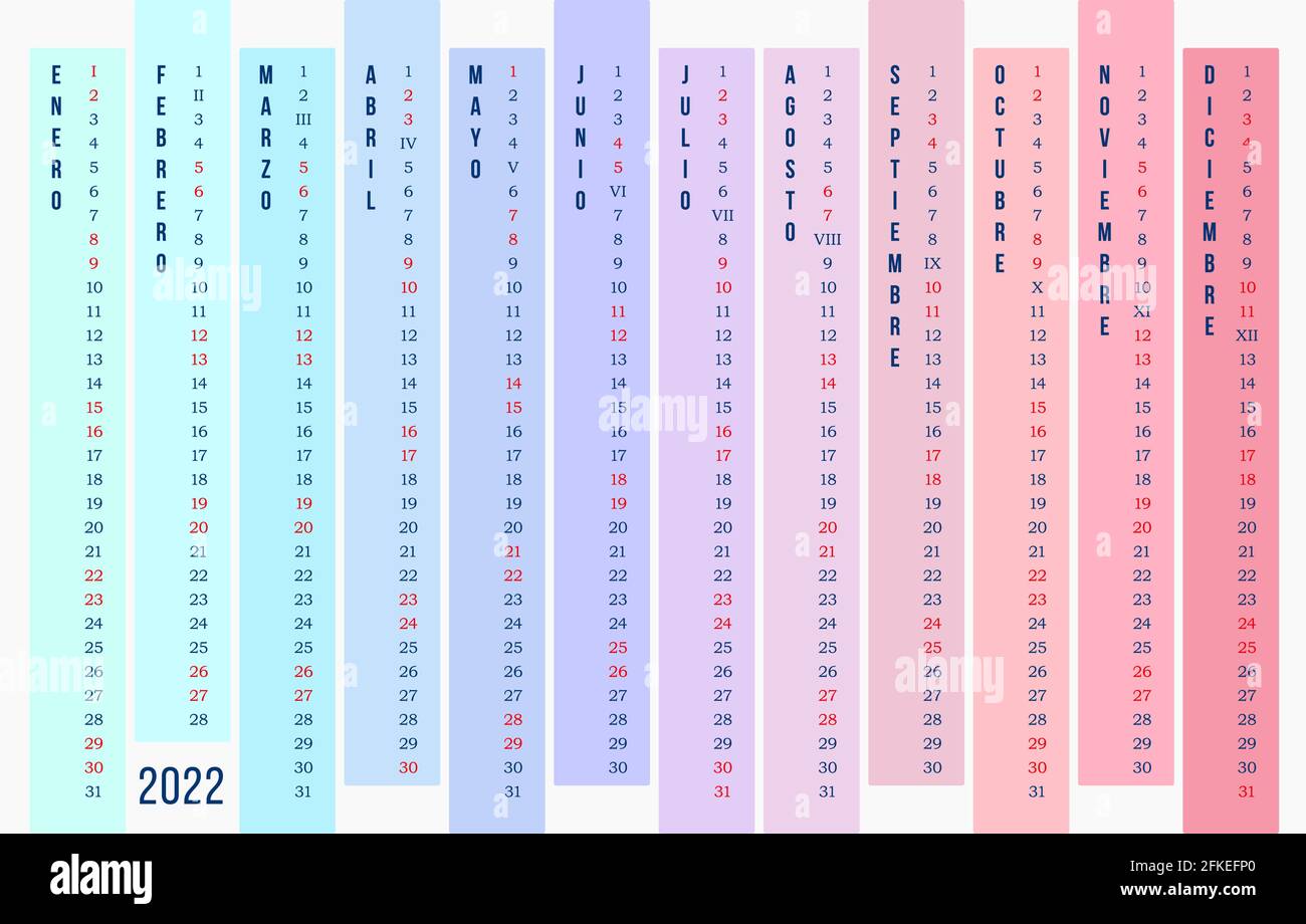 Kalender 2022 Jahr auf Spanisch. Neue Vorlage für linearen Kalender 2022. 12 Monate vertikal in verschiedenen Farben auf dunkelblauem Hintergrund. Stock-Vektor Stock Vektor