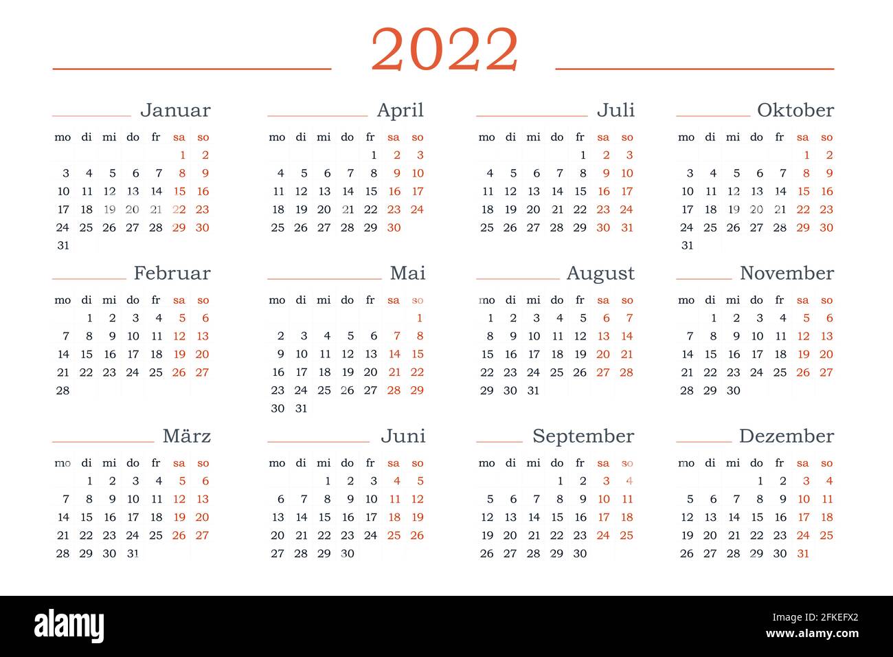 2022-Jahres-Kalender auf Deutsch. Vorlage für den horizontalen Vektor, der bearbeitet werden kann. Einfaches und sauberes Design Stock Vektor