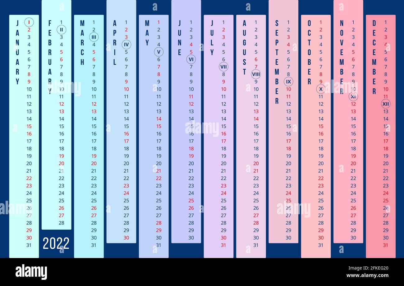 Kalender 2022 Jahr. Neue lineare Kalendervorlage 2022 in Englisch. 12 Monate vertikal in verschiedenen Farben auf dunkelblauem Hintergrund. Stock-Vektor Stock Vektor
