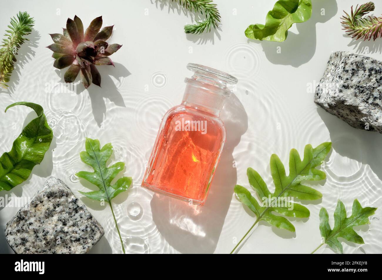 Wasser Hintergrund, kosmetische Hautpflege Feuchtigkeitscreme, Orange Gel in chemischen Glasflasche. Dunkle Glasflaschen. Wasseroberfläche, Spritzer, Ringe, Granit Stockfoto
