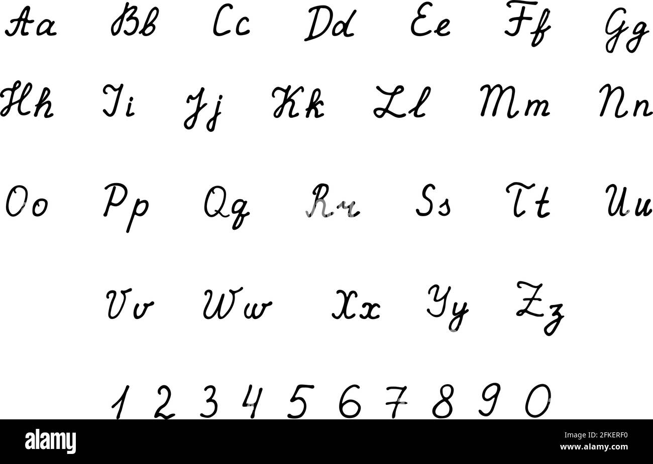Handgezeichnetes Vektoralphabet. Kalligrafische Schrift. Kalligraphie Buchstaben A-Z und Zahlen 0-9 mit Liner geschrieben. Lateinische Handschriftensymbole. Einfach zu e Stock Vektor