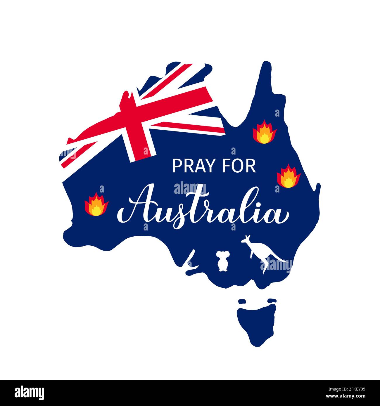 Pray for Australia Vektorgrafik mit australischer Landkarte in Feuer, Silhouetten von Känguru und Koala isoliert auf Weiß. Vektorvorlage für Banner, t Stock Vektor