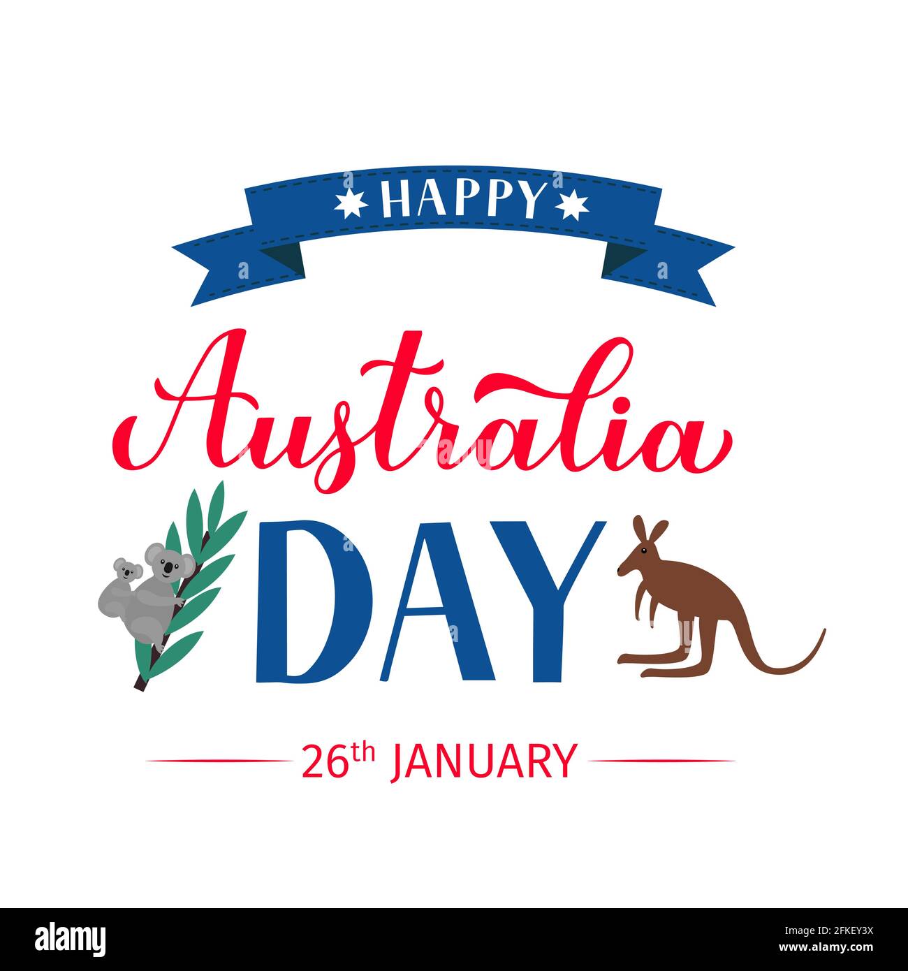 Happy Australia Day Kalligraphie Handschriftzug mit niedlichen Cartoon Koalas und Känguru isoliert auf weiß. Vektorvorlage für Banner, Typografie-Poster, Stock Vektor