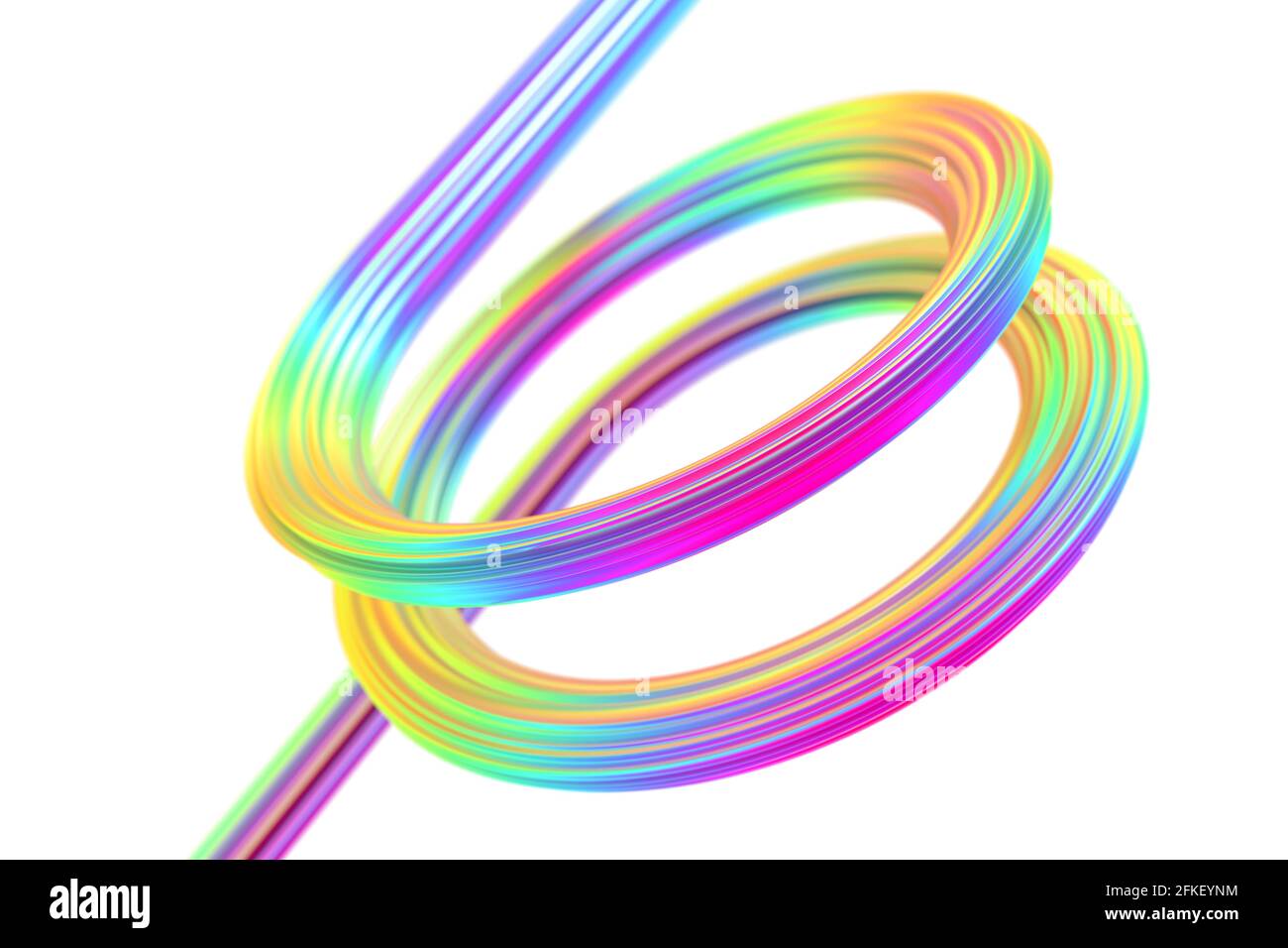 Abstraktes, verdrehtes Band mit Regenbogenfarben vor weißem Hintergrund. Stockfoto