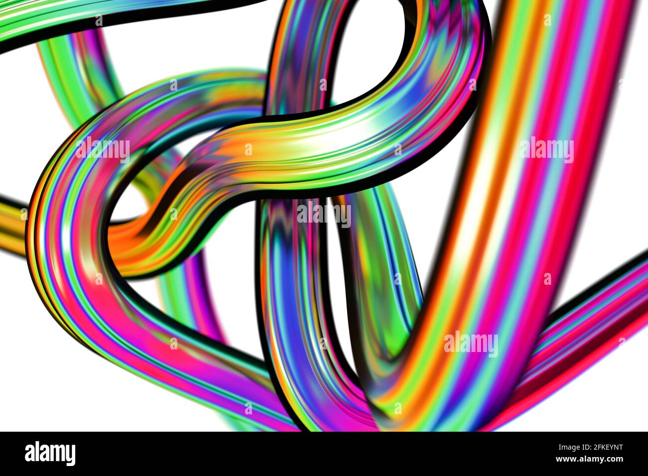 Abstraktes, verdrehtes Band mit Regenbogenfarben vor weißem Hintergrund. Geringe Schärfentiefe. Stockfoto