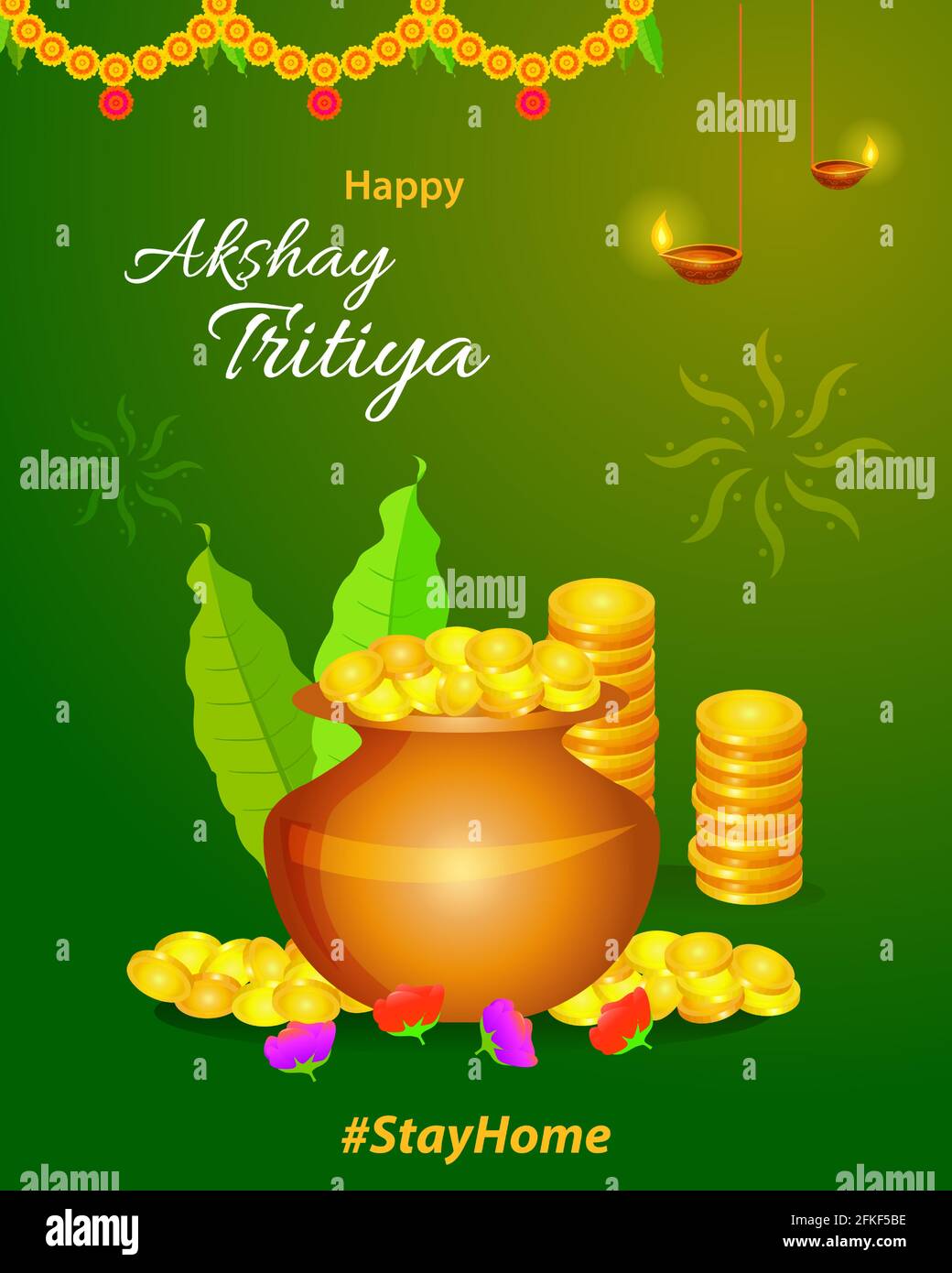 Happy Akshay Tritiya Festival Grußkarte Layout mit Goldmünzen und kalash mit dekorativen Elementen. Vektorgrafik. Stock Vektor