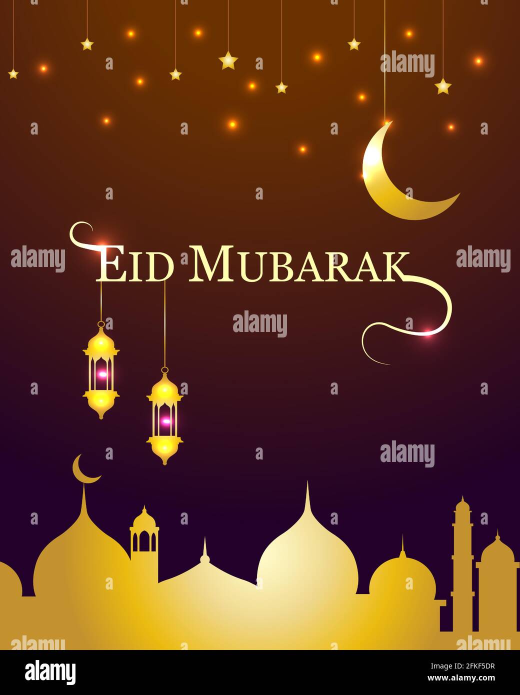 Happy Eid Mubarak festliche Grußkarte mit Mond und Sternen. Goldener glänzender Hintergrund mit Laterne und Moschee für Broschüre, Flyer, Poster, Website. Stock Vektor