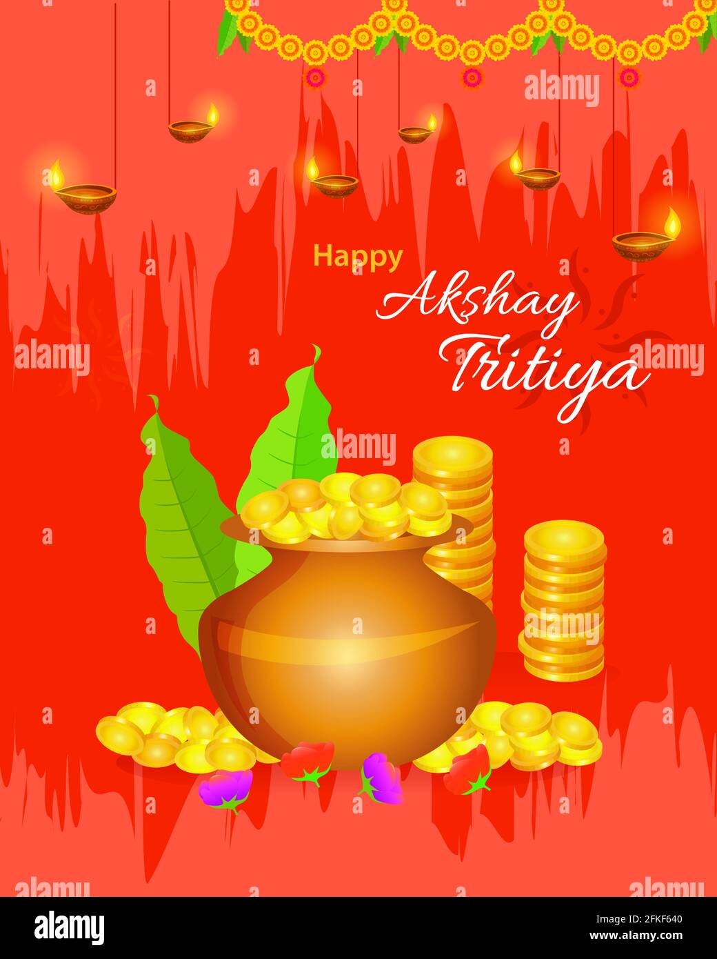 Happy Akshay Tritiya Festival Grußkarte Layout mit Goldmünzen und kalash mit dekorativen Elementen. Vektorgrafik. Stock Vektor
