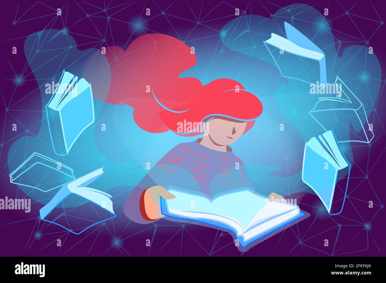 E Lesekonzept in modernem Stil. Frau liest Online-Bücher. Technologie für Fernunterricht in flachem Design. Virtuelles Wissen, digitale Bibliothek Stock Vektor