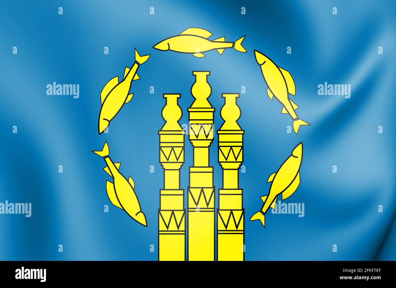 3D-Flagge von Neryungri (Republik Sacha), Russland. 3D-Illustration. Stockfoto