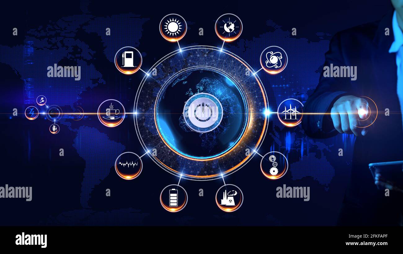 Energy Icon rotierendes Rad Konzept rotierendes Rad mit umgebendem Symbol Nach Stadt und Weltkarte Zentrum und Spoke Konzept Stockfoto