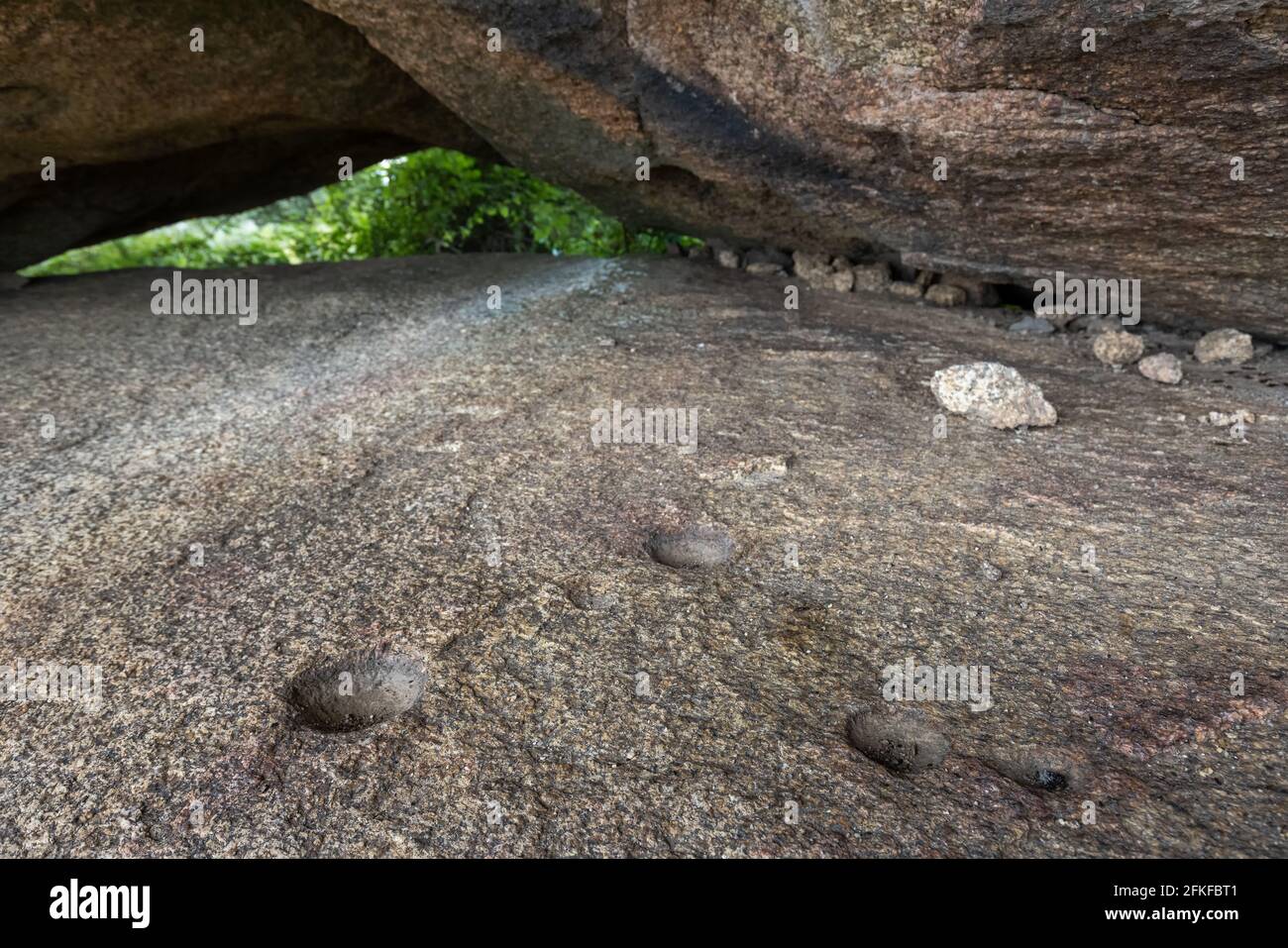 Prähistorische Bechermarken in einer kleinen Höhle. Naturgebiet von Los Barruecos. Spanien. Stockfoto