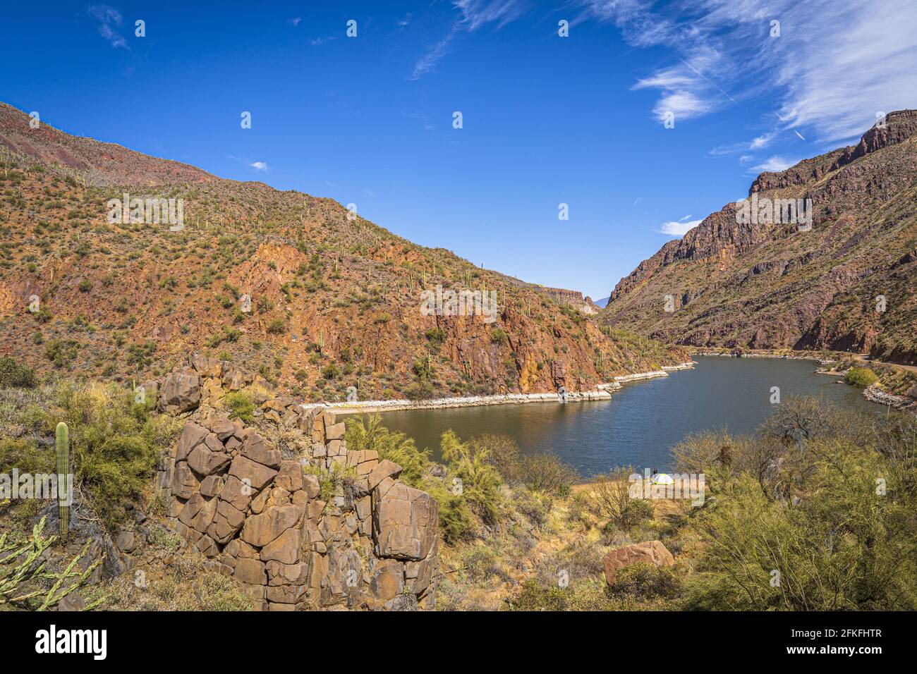 Wunderschöne malerische Aussicht auf den Fluss und die Felsen vor dem blauen Himmel, Sonoran Wüste, Arizona Stockfoto