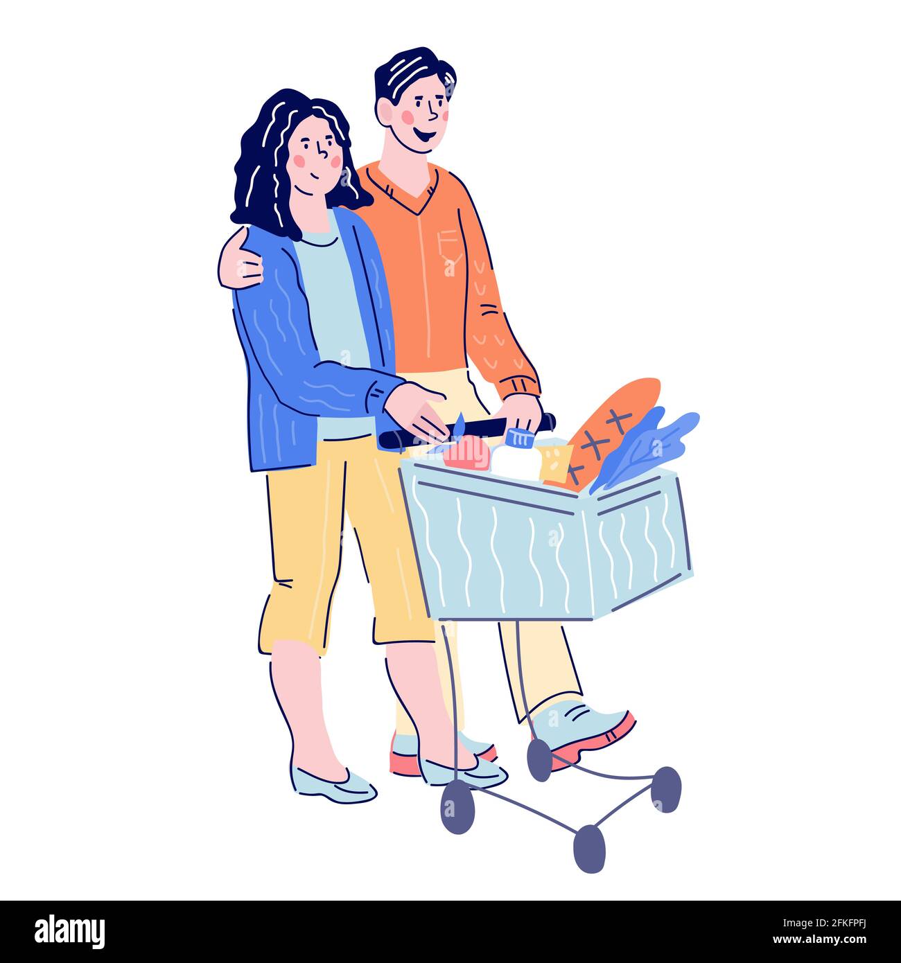Junges Paar einkaufen im Supermarkt, Cartoon-Vektor-Illustration isoliert auf weißem Hintergrund. Mann und Frau schieben Supermarkt Warenkorb mit g Stock Vektor